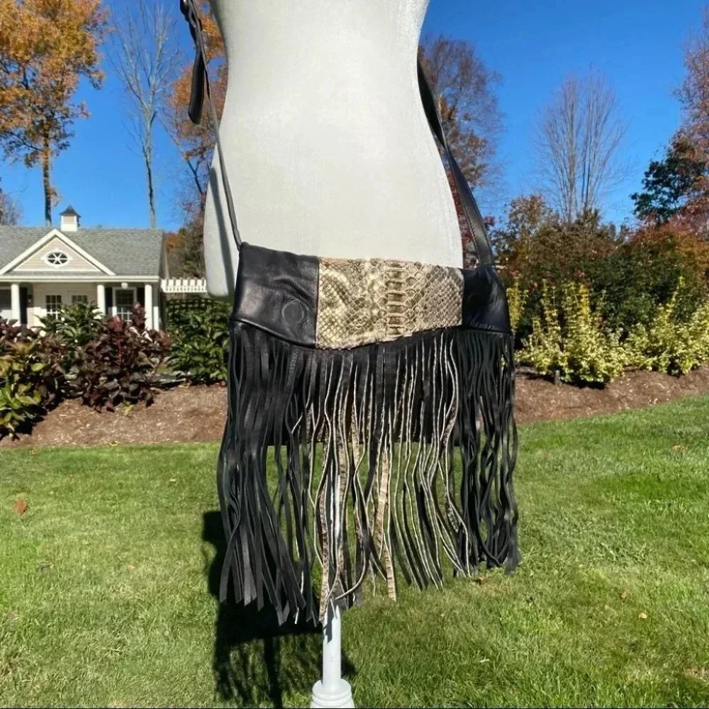 NWT Tarryn Simone Elsee Fringe Leather Crossbody Bag Black Gold Snake